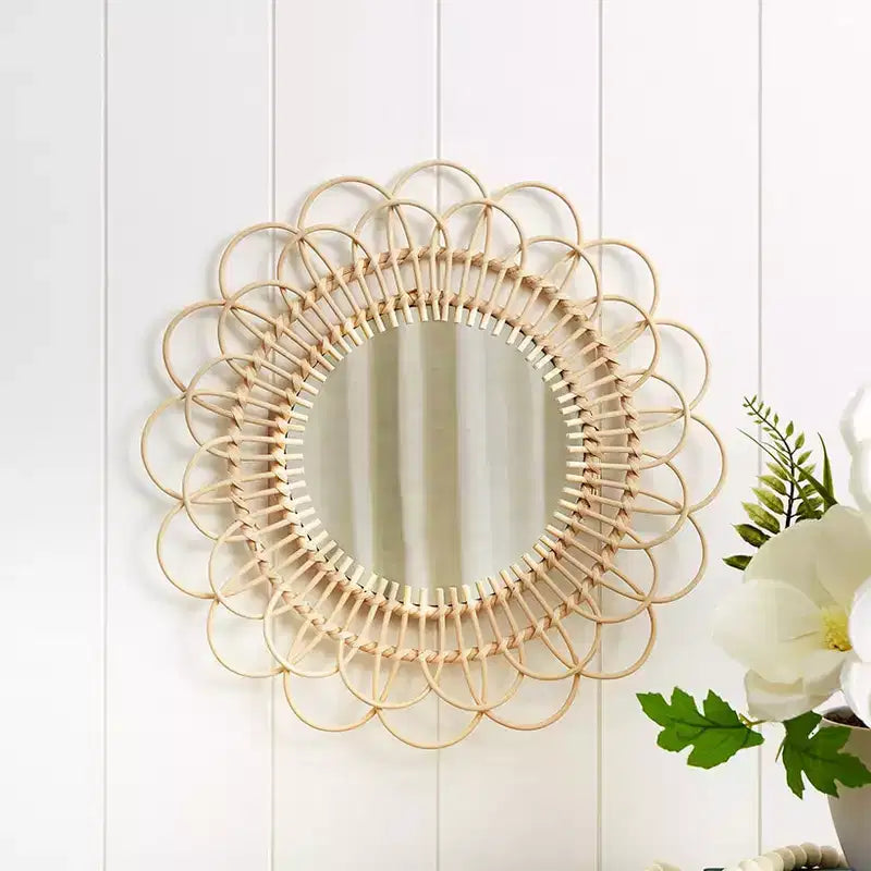 Natural Rattan Round Wall Mirror, 16" – Single