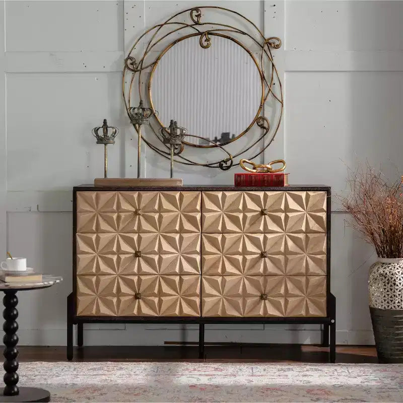 Black & Natural Wood Geometric Sideboard, 6-Drawer Console Cabinet, 48"/56", 1-Person Use