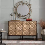 Credenza geometrica in legno nero e naturale, mobile console a 6 cassetti, 122/142 cm, utilizzo per 1 persona