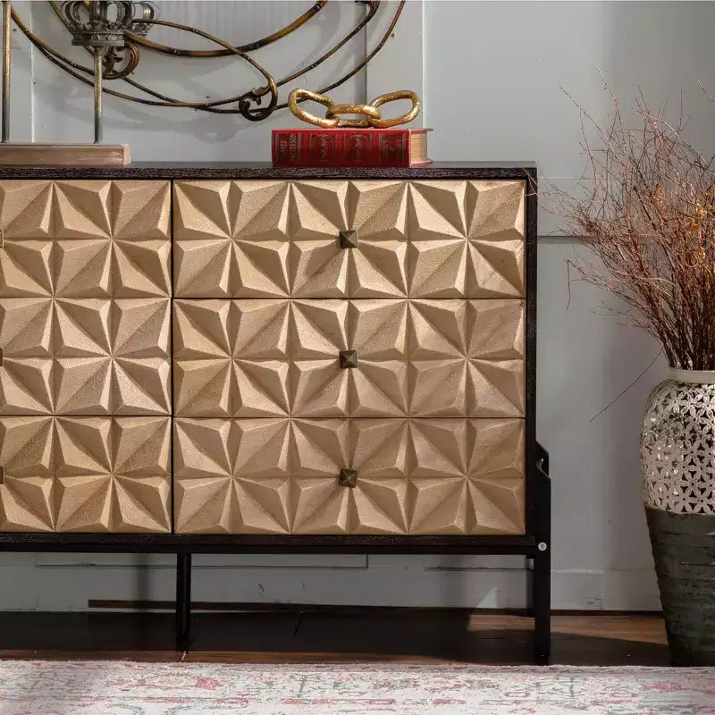 Black & Natural Wood Geometric Sideboard, 6-Drawer Console Cabinet, 48"/56", 1-Person Use