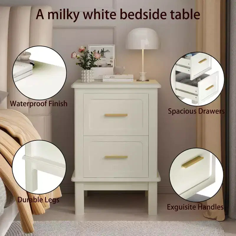 Cream White 2-Drawer Nightstand with Gold Handles, Single Use