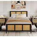 Black Rattan Bed Frame with Headboard, Boho Cane Platform Full Size Bed Frame with 4 Drawers, Strong Metal Slats Support, No Box Spring Needed