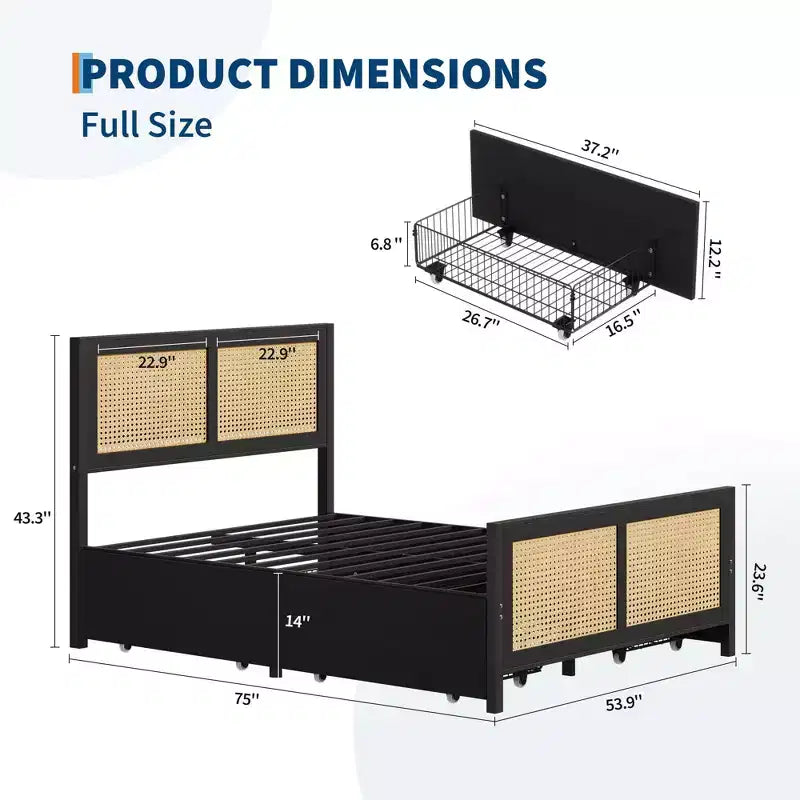 Black Rattan Platform Bed Frame with LED Headboard & 4 Drawers, Full Size, For 1 Person