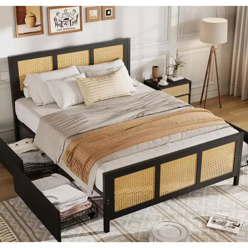 Black Rattan Platform Bed Frame with LED Headboard & 4 Drawers, Full Size, For 1 Person