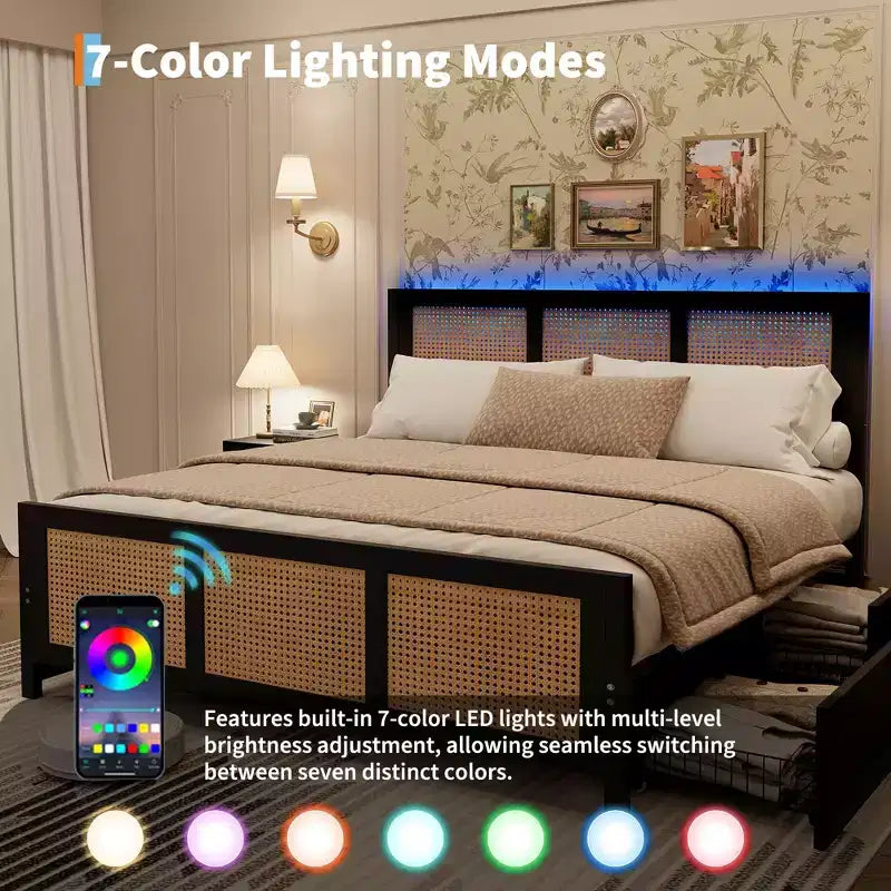 Black Rattan Platform Bed Frame with LED Headboard & 4 Drawers, Full Size, For 1 Person