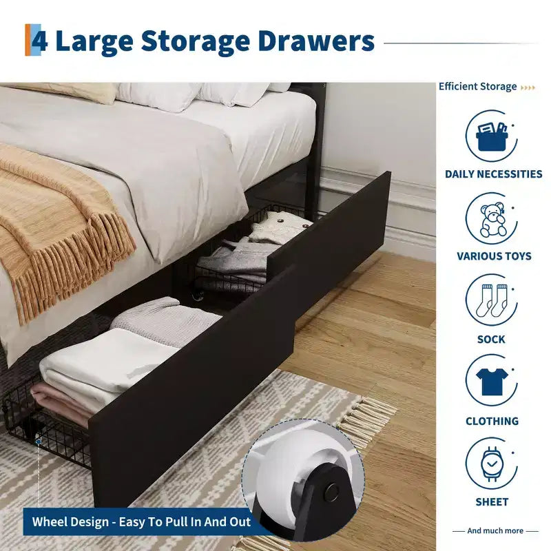 Black Rattan Platform Bed Frame with LED Headboard & 4 Drawers, Full Size, For 1 Person