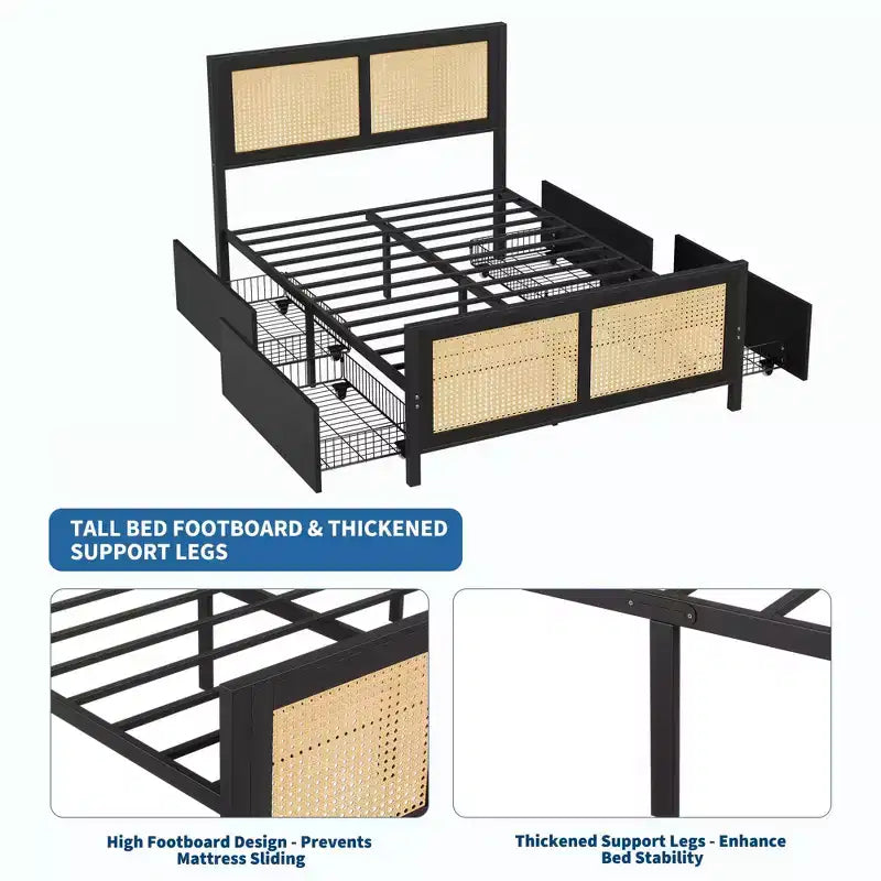 Black Rattan Platform Bed Frame with LED Headboard & 4 Drawers, Full Size, For 1 Person