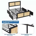 Struttura letto a piattaforma in rattan nero con testiera a LED e 4 cassetti, Full Size, per 1 persona