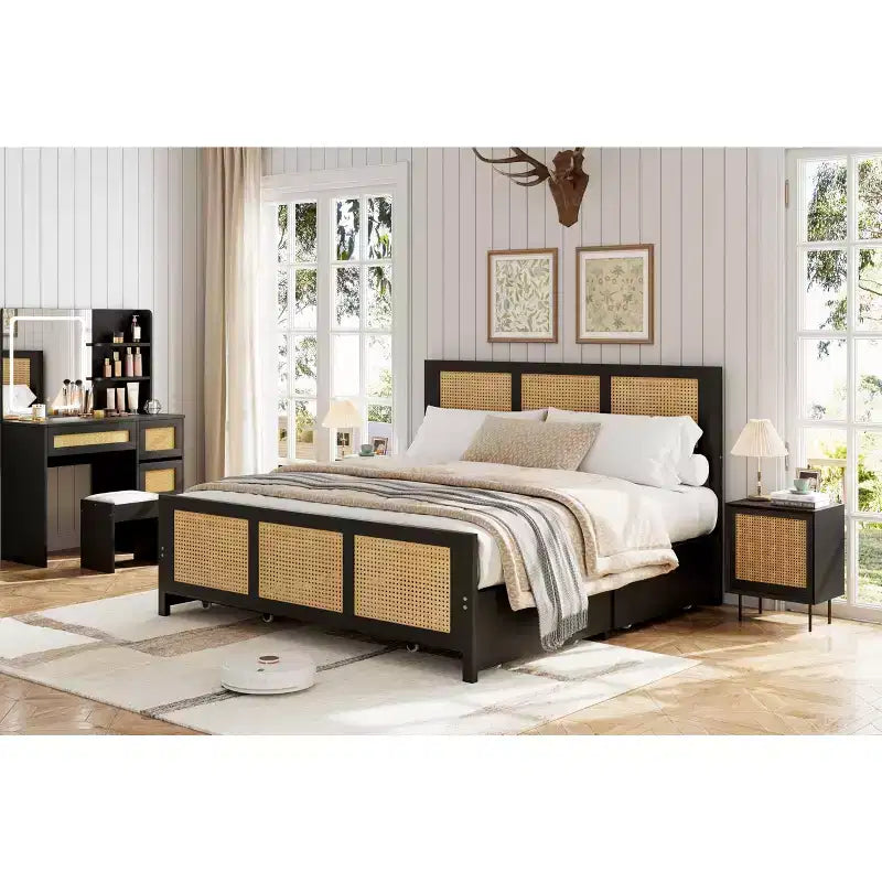 Black Rattan Platform Bed Frame with LED Headboard & 4 Drawers, Full Size, For 1 Person