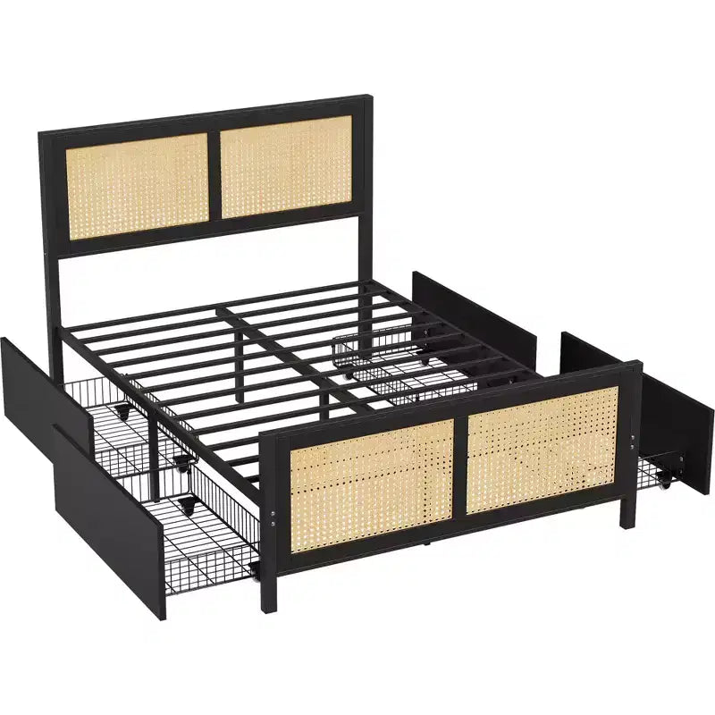 Black Rattan Platform Bed Frame with LED Headboard & 4 Drawers, Full Size, For 1 Person