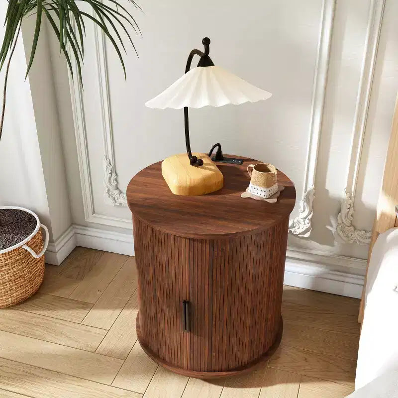 Brown Round Nightstand with Sliding Door & USB Charging – 1 or 2 Piece