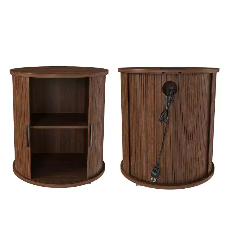 Brown Round Nightstand with Sliding Door & USB Charging – 1 or 2 Piece