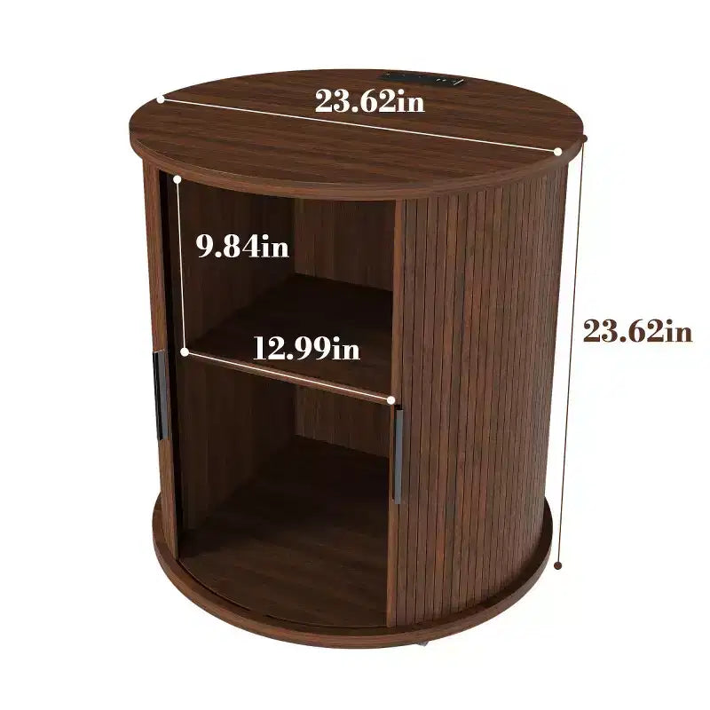 Brown Round Nightstand with Sliding Door & USB Charging – 1 or 2 Piece