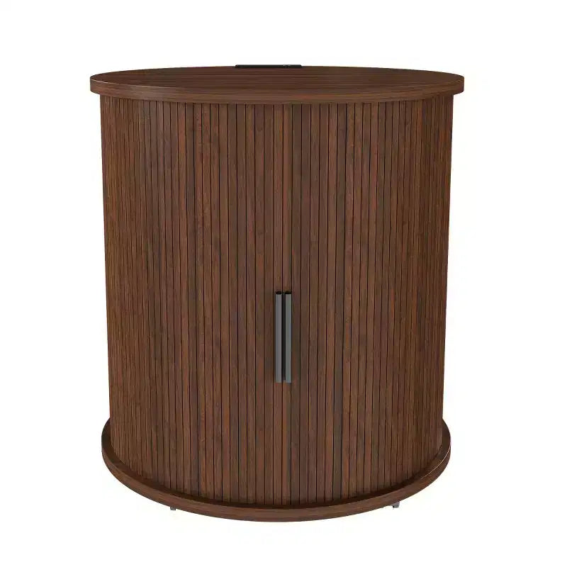Brown Round Nightstand with Sliding Door & USB Charging – 1 or 2 Piece