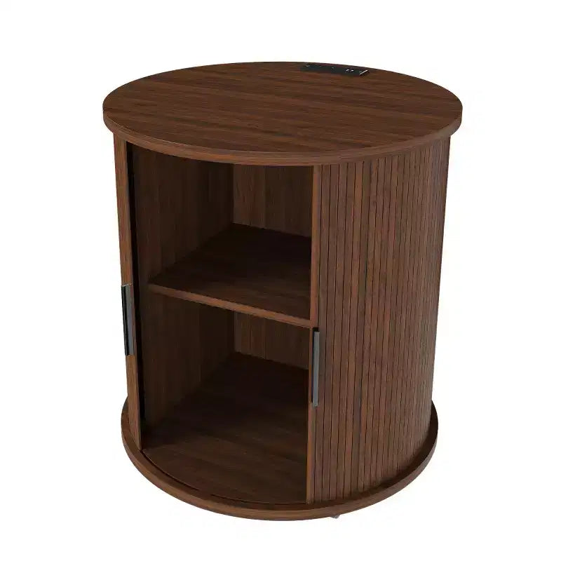 Brown Round Nightstand with Sliding Door & USB Charging – 1 or 2 Piece