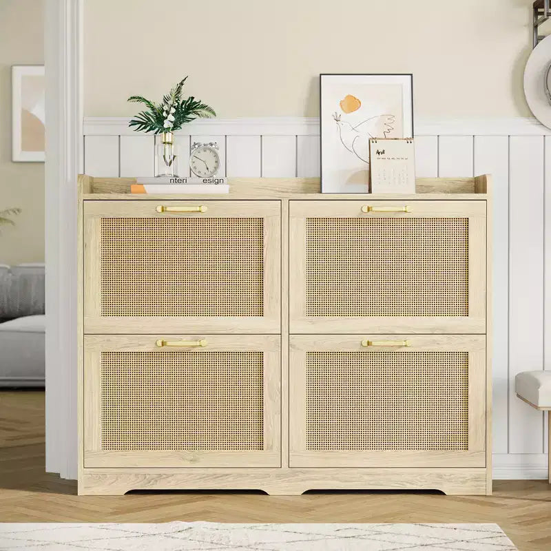 Natural Wood Rattan Door Shoe Cabinet, 4-Drawer, Holds 24 Pairs