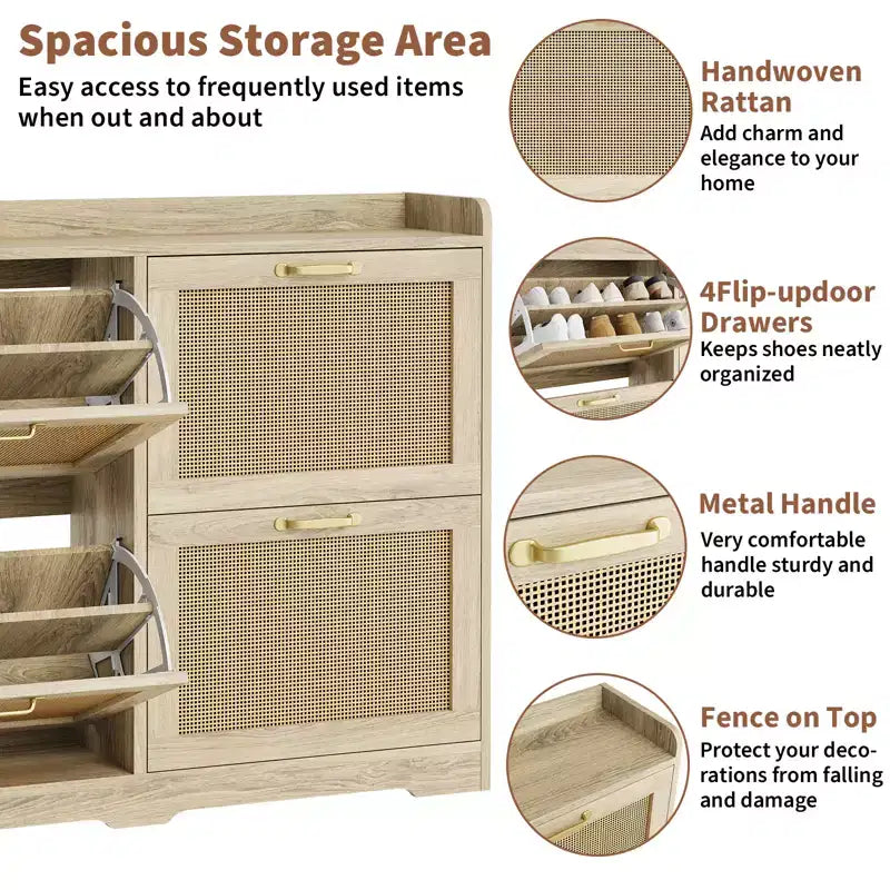 Natural Wood Rattan Door Shoe Cabinet, 4-Drawer, Holds 24 Pairs