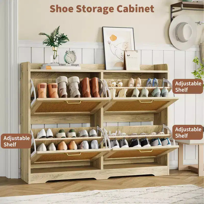 Natural Wood Rattan Door Shoe Cabinet, 4-Drawer, Holds 24 Pairs