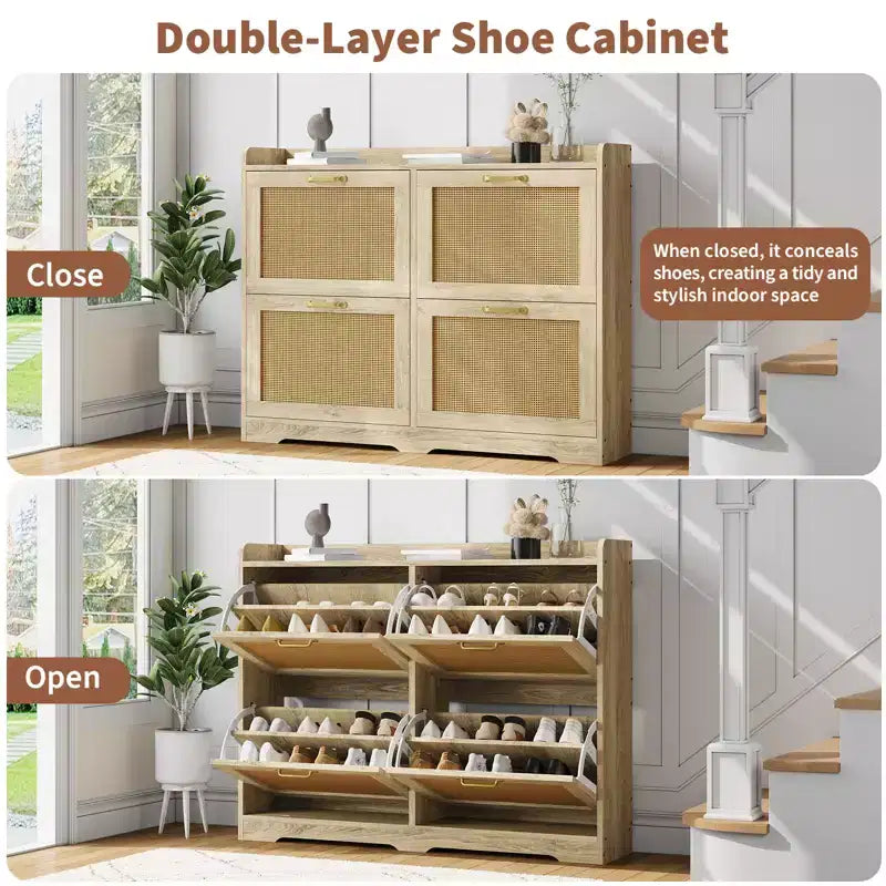 Natural Wood Rattan Door Shoe Cabinet, 4-Drawer, Holds 24 Pairs