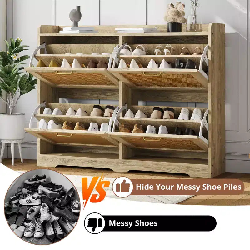 Natural Wood Rattan Door Shoe Cabinet, 4-Drawer, Holds 24 Pairs
