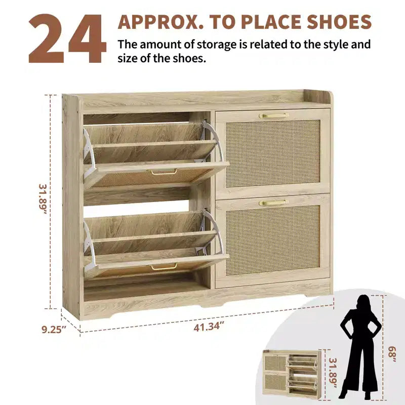 Natural Wood Rattan Door Shoe Cabinet, 4-Drawer, Holds 24 Pairs