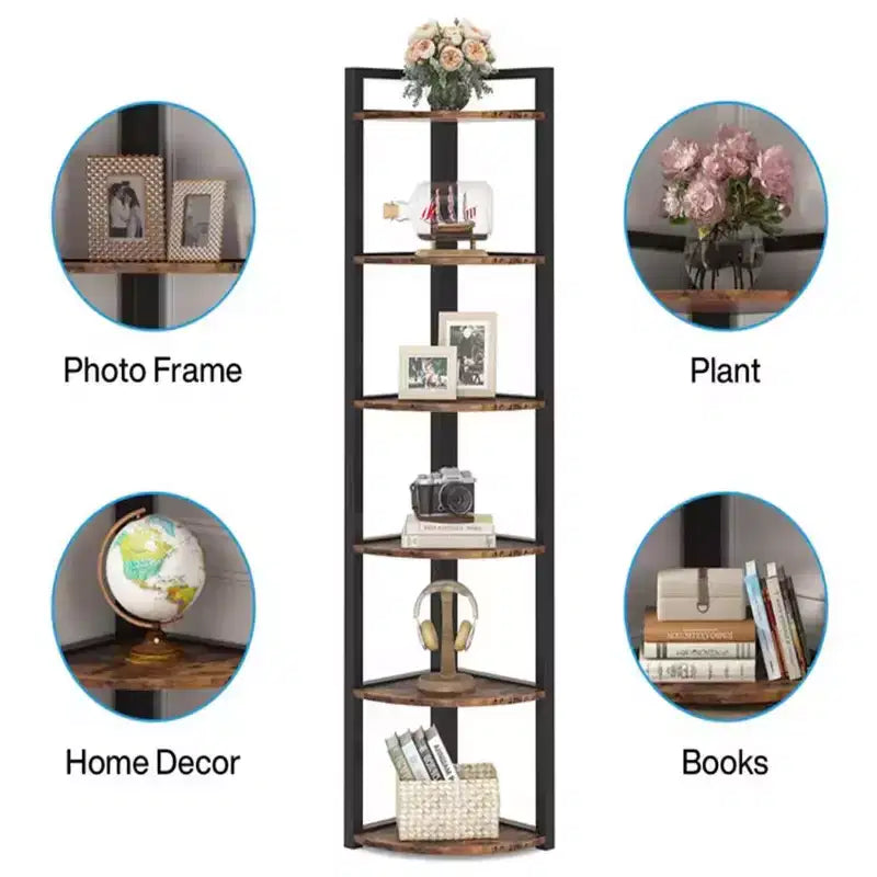 6-Tier Corner Shelf, Black Metal Frame & Wood, Freestanding, 1-Person Assembly