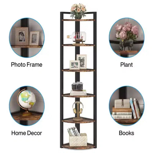 6-Tier Corner Shelf, Black Metal Frame & Wood, Freestanding, 1-Person Assembly