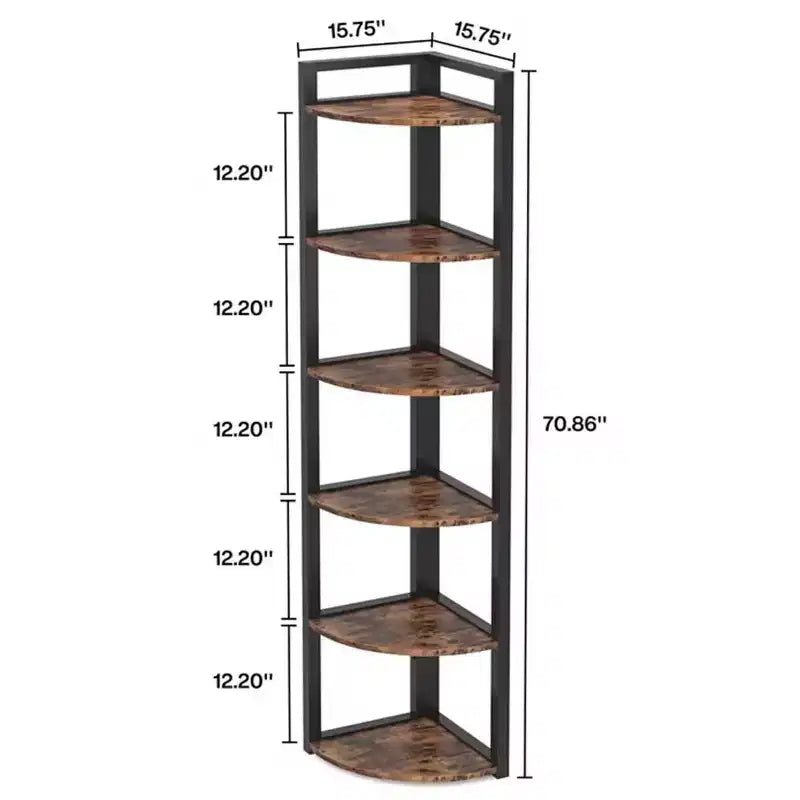 6-Tier Corner Shelf, Black Metal Frame & Wood, Freestanding, 1-Person Assembly