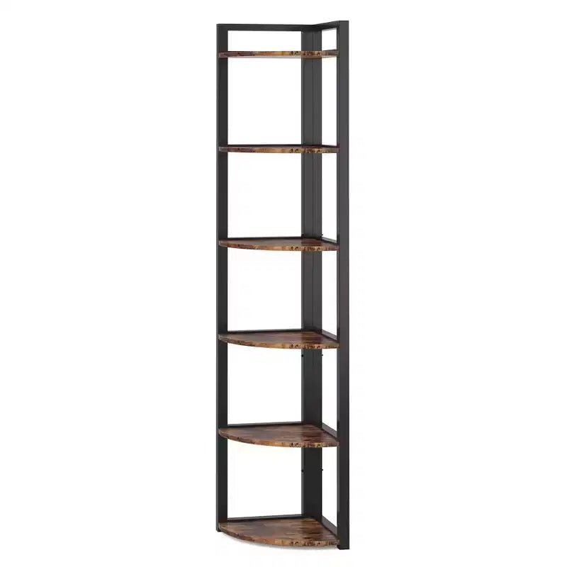6-Tier Corner Shelf, Black Metal Frame & Wood, Freestanding, 1-Person Assembly