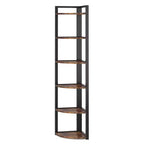 Scaffale angolare a 6 ripiani, struttura in metallo nero e legno, autoportante, montaggio singolo