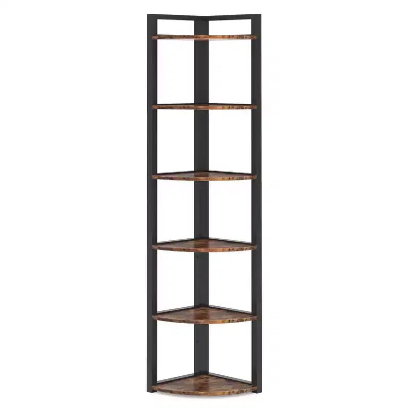 6-Tier Corner Shelf, Black Metal Frame & Wood, Freestanding, 1-Person Assembly