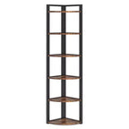 Scaffale angolare a 6 ripiani, struttura in metallo nero e legno, autoportante, montaggio singolo