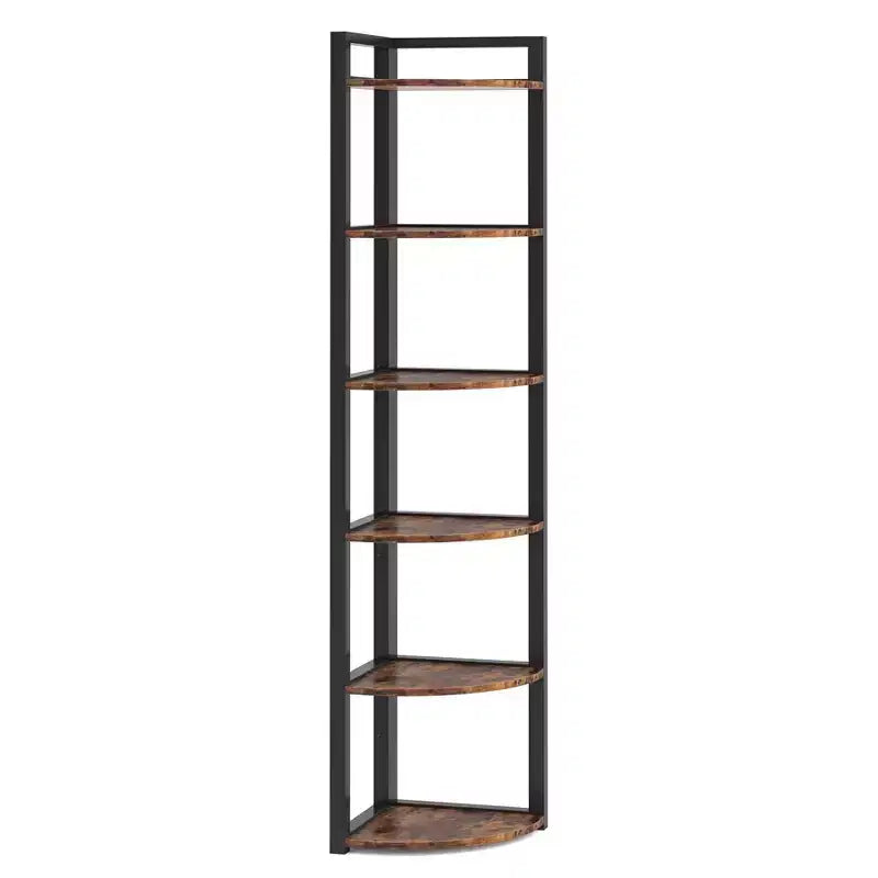6-Tier Corner Shelf, Black Metal Frame & Wood, Freestanding, 1-Person Assembly