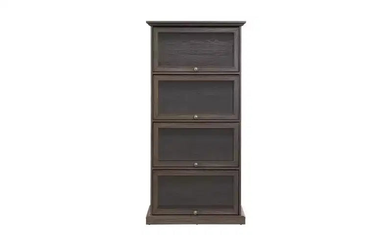 VIYET 63 4-Tier Glass Display Cabinet, Brown MDF+Tempered Glass Curio Cabinet (Flip-up Doors for Collectibles/Toys/Books)