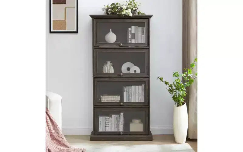 Brown 4-Tier Glass Display Cabinet with Flip-up Doors, Single-Person Assembly