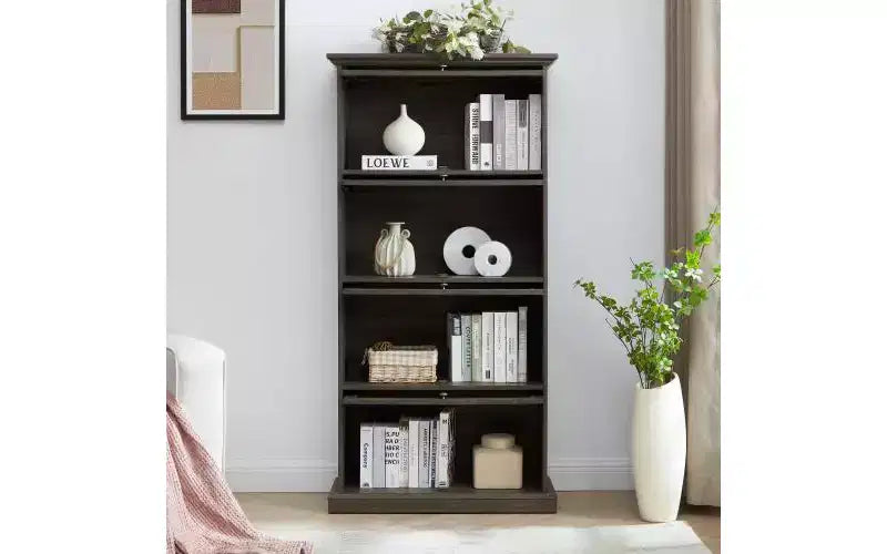 Brown 4-Tier Glass Display Cabinet with Flip-up Doors, Single-Person Assembly