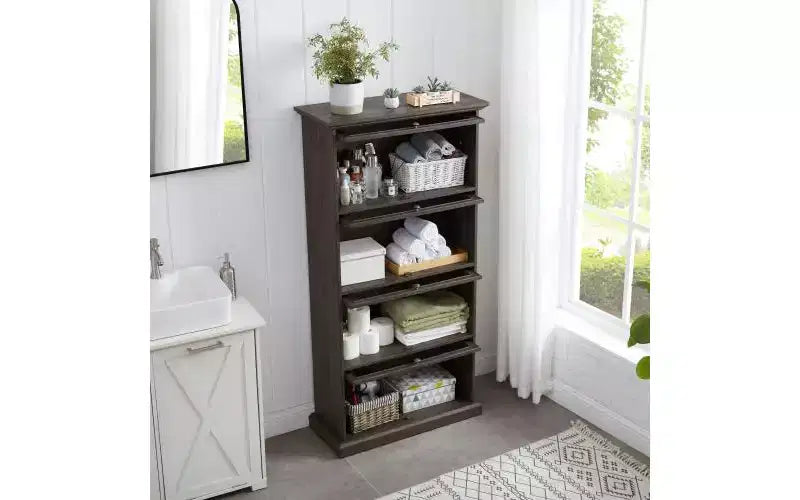 Brown 4-Tier Glass Display Cabinet with Flip-up Doors, Single-Person Assembly