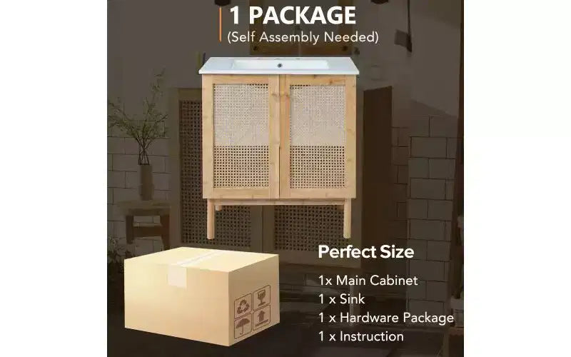 Natural Brown Acacia & Rattan 30" Bathroom Vanity with Sink, for 1