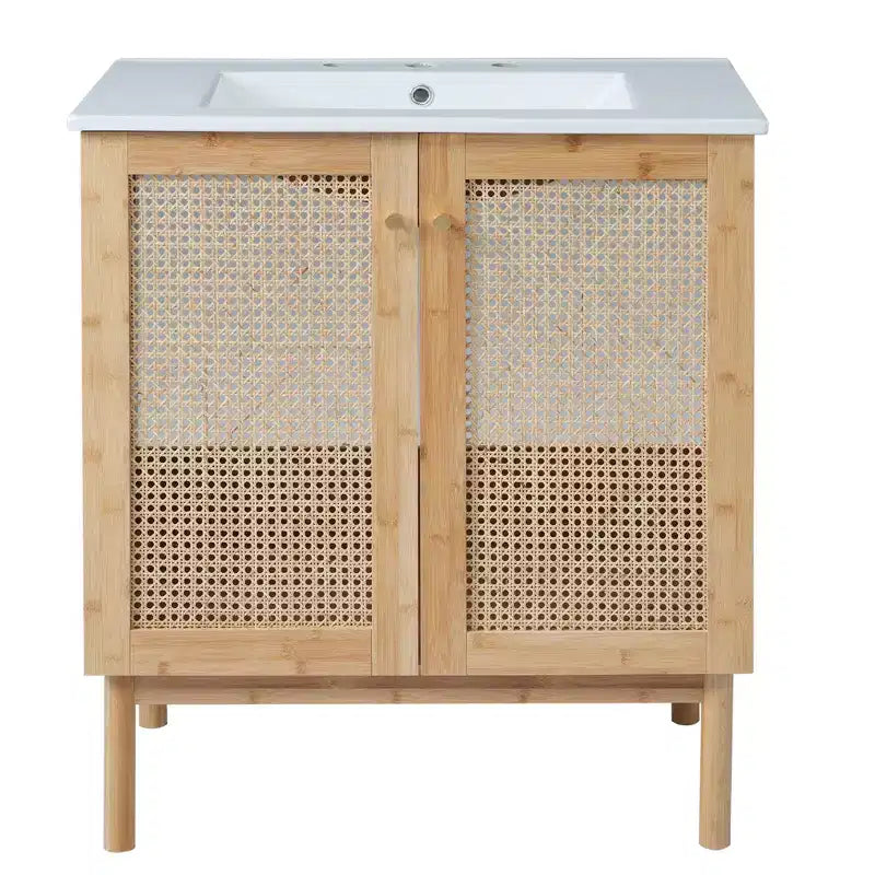 Natural Brown Acacia & Rattan 30" Bathroom Vanity with Sink, for 1