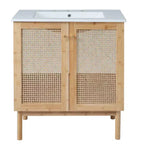 Mobile Lavabo Bagno in Acacia Naturale Marrone e Rattan da 76 cm con Lavello, per 1