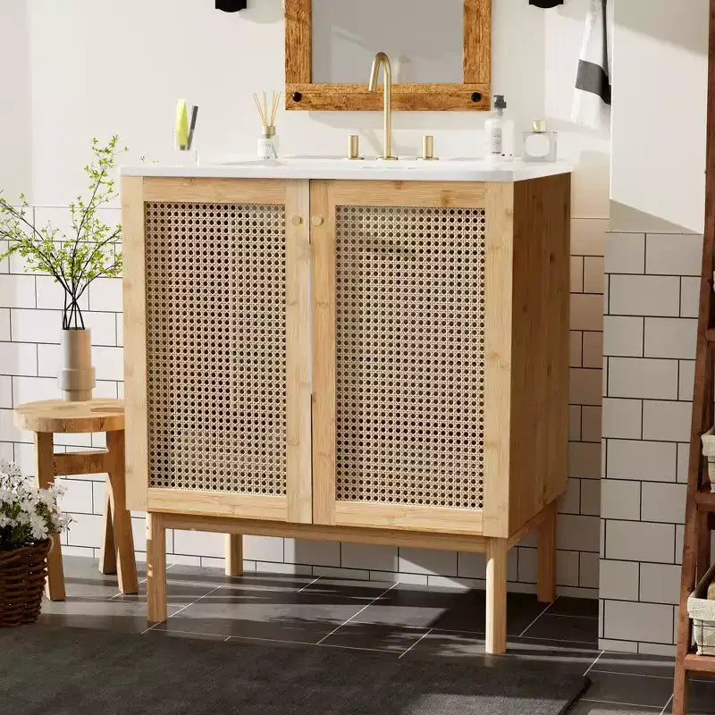 Natural Brown Acacia & Rattan 30" Bathroom Vanity with Sink, for 1