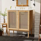 Mobile Lavabo Bagno in Acacia Naturale Marrone e Rattan da 76 cm con Lavello, per 1