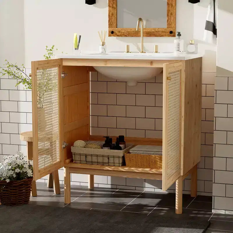 Natural Brown Acacia & Rattan 30" Bathroom Vanity with Sink, for 1
