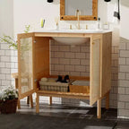 Mobile Lavabo Bagno in Acacia Naturale Marrone e Rattan da 76 cm con Lavello, per 1