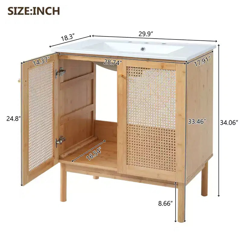 Natural Brown Acacia & Rattan 30" Bathroom Vanity with Sink, for 1