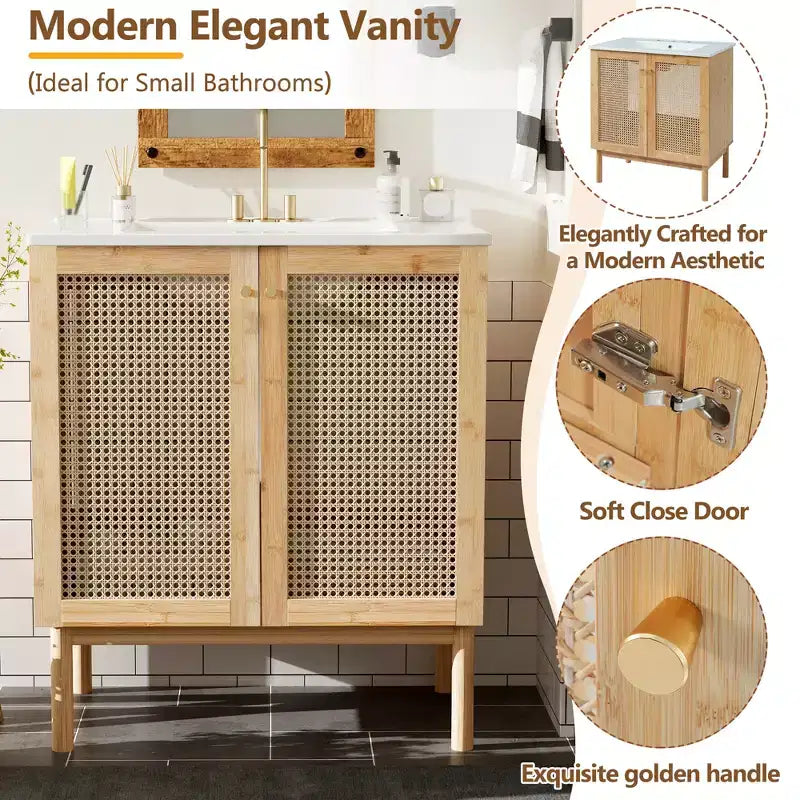 Natural Brown Acacia & Rattan 30" Bathroom Vanity with Sink, for 1