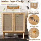 Mobile Lavabo Bagno in Acacia Naturale Marrone e Rattan da 76 cm con Lavello, per 1