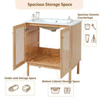 Mobile Lavabo Bagno in Acacia Naturale Marrone e Rattan da 76 cm con Lavello, per 1