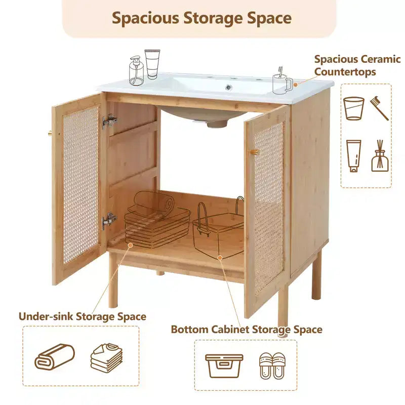 Natural Brown Acacia & Rattan 30" Bathroom Vanity with Sink, for 1