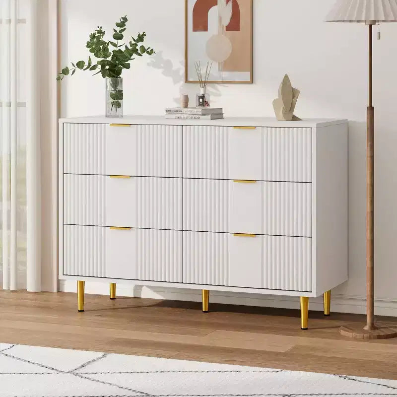 Green / Natural / White Fluted 6-Drawer Dresser, Modern Style, Single Use